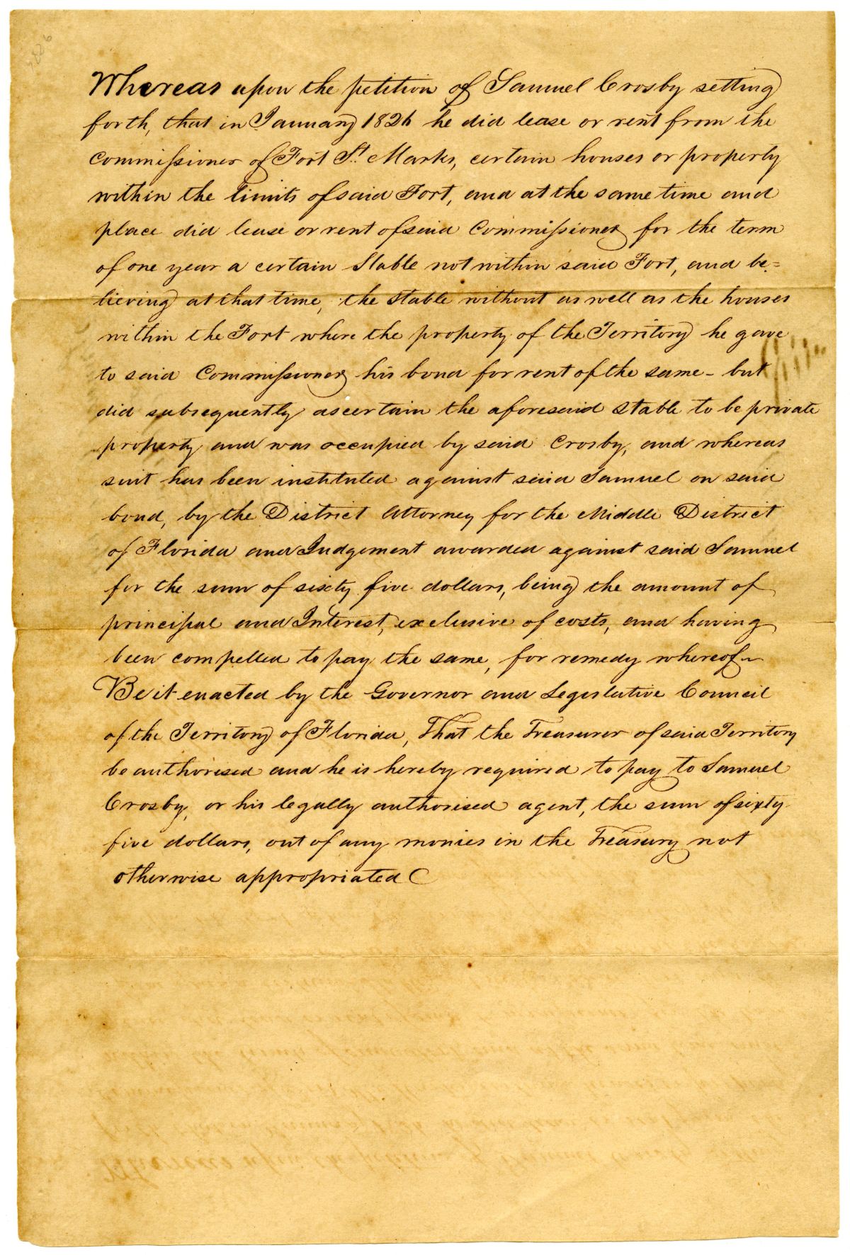 Resolution Requiring the Treasurer to Reimburse Samuel Crosby Sixty-Five Dollars, 1826