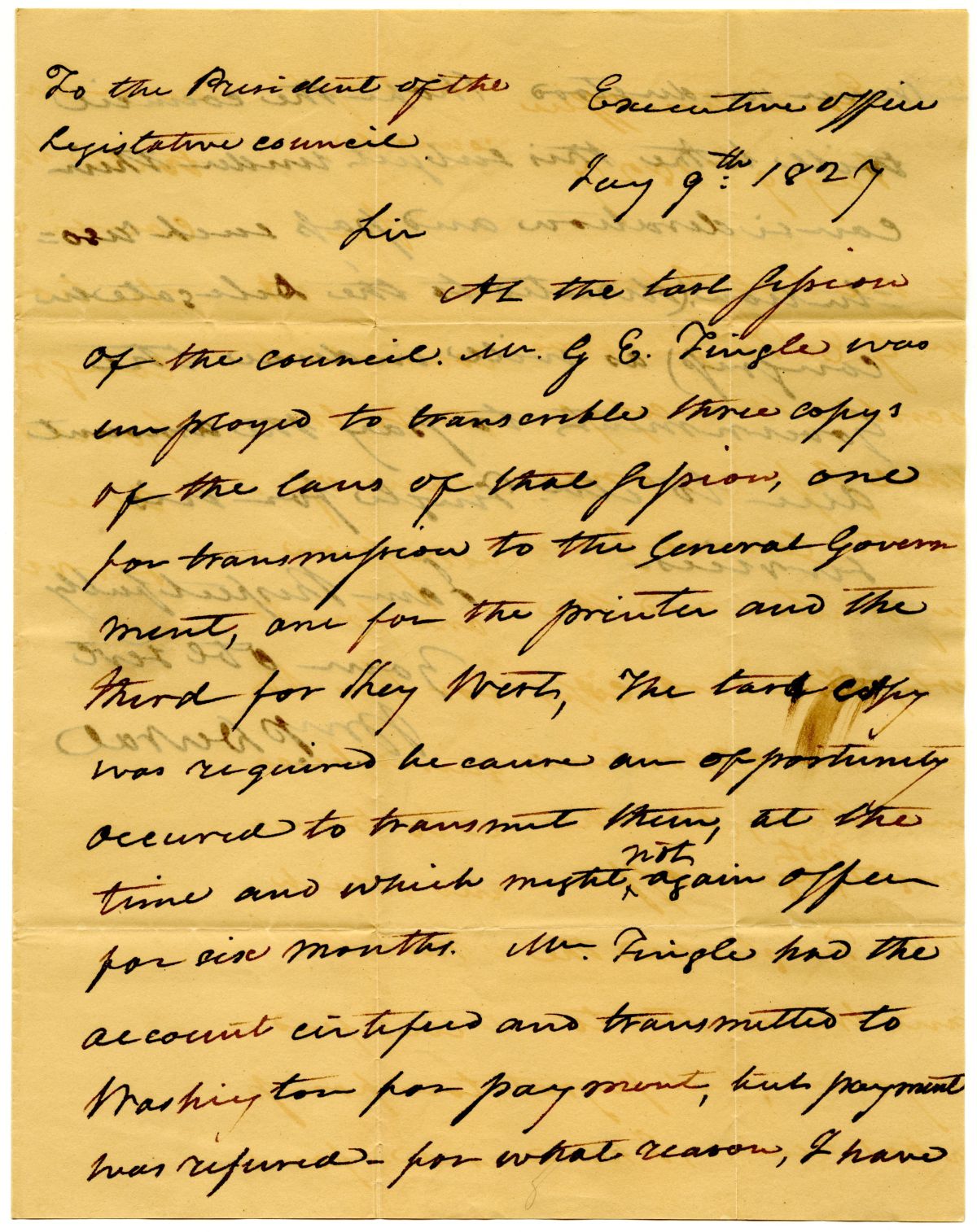 Letter from Governor William Pope Duval to the President of the Territorial Legislative Council Requesting that They Pass a Resolution, 1827