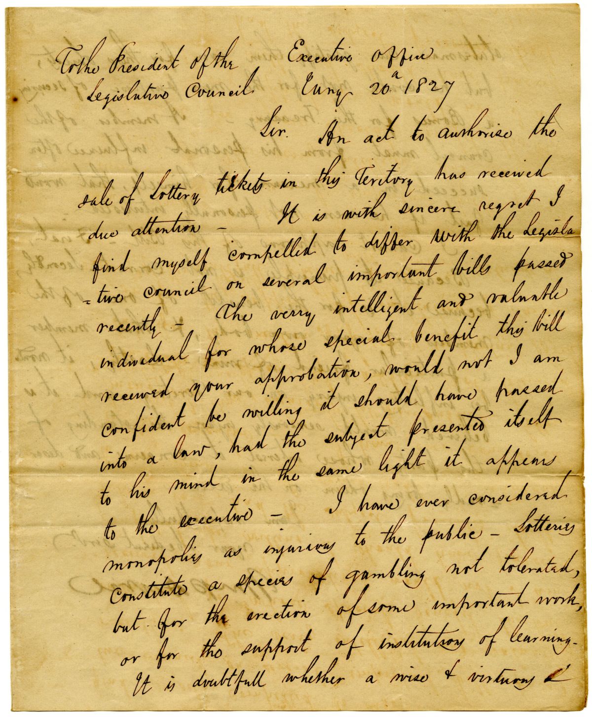 Letter from Governor William Pope Duval to the President of the Territorial Legislative Council Rejecting an Act to Create a Lottery, 1827