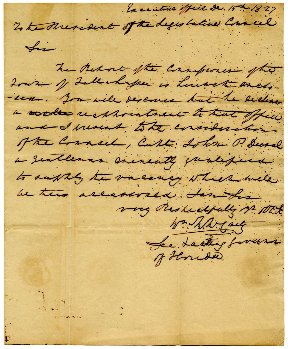 Letter from Acting Governor William McCarty to the President of the Territorial Legislative Council Suggesting John P. Duval for City Commissioner, 1827