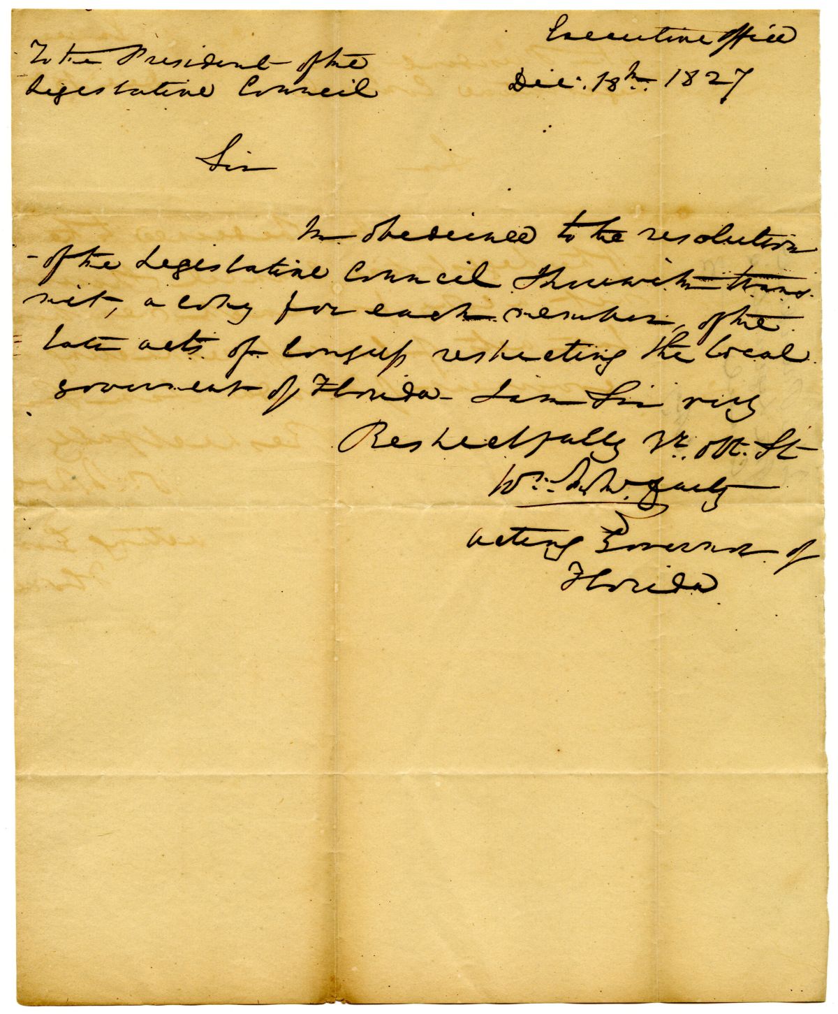 Letter from Acting Governor William McCarty to the President of the Territorial Legislative Council Transmitting Acts of Congress to the Council, 1827