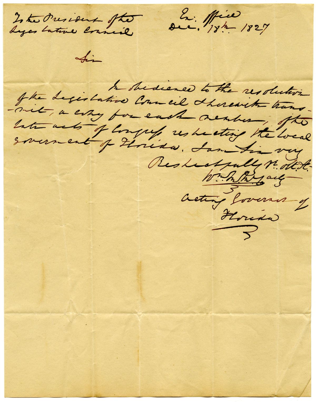 Letter from Acting Governor William McCarty to the President of the Territorial Legislative Council Transmitting Acts of Congress to the Council, 1827