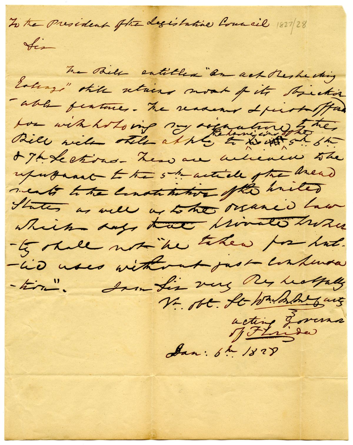 Letter from Acting Governor William McCarty Rejecting an Act Respecting Estrays on Constitutional Grounds, 1828