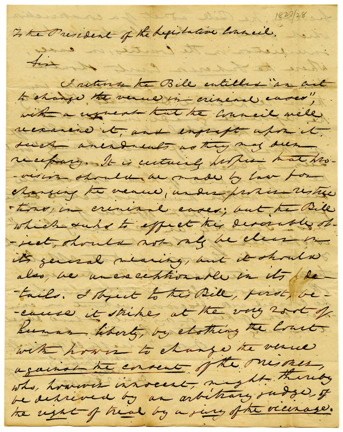 Letter from Acting Governor William McCarty Rejecting a Bill Concerning the Venue of Criminal Cases, 1827