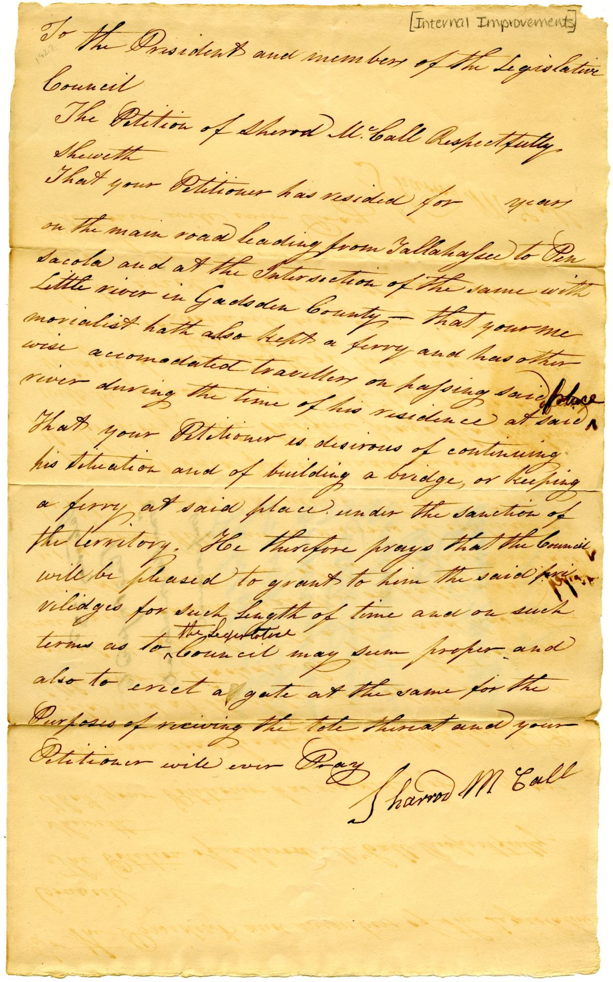 Petition of Sharod McCall Requesting Permission to Operate a Bridge or Ferry Across the Little River, 1827