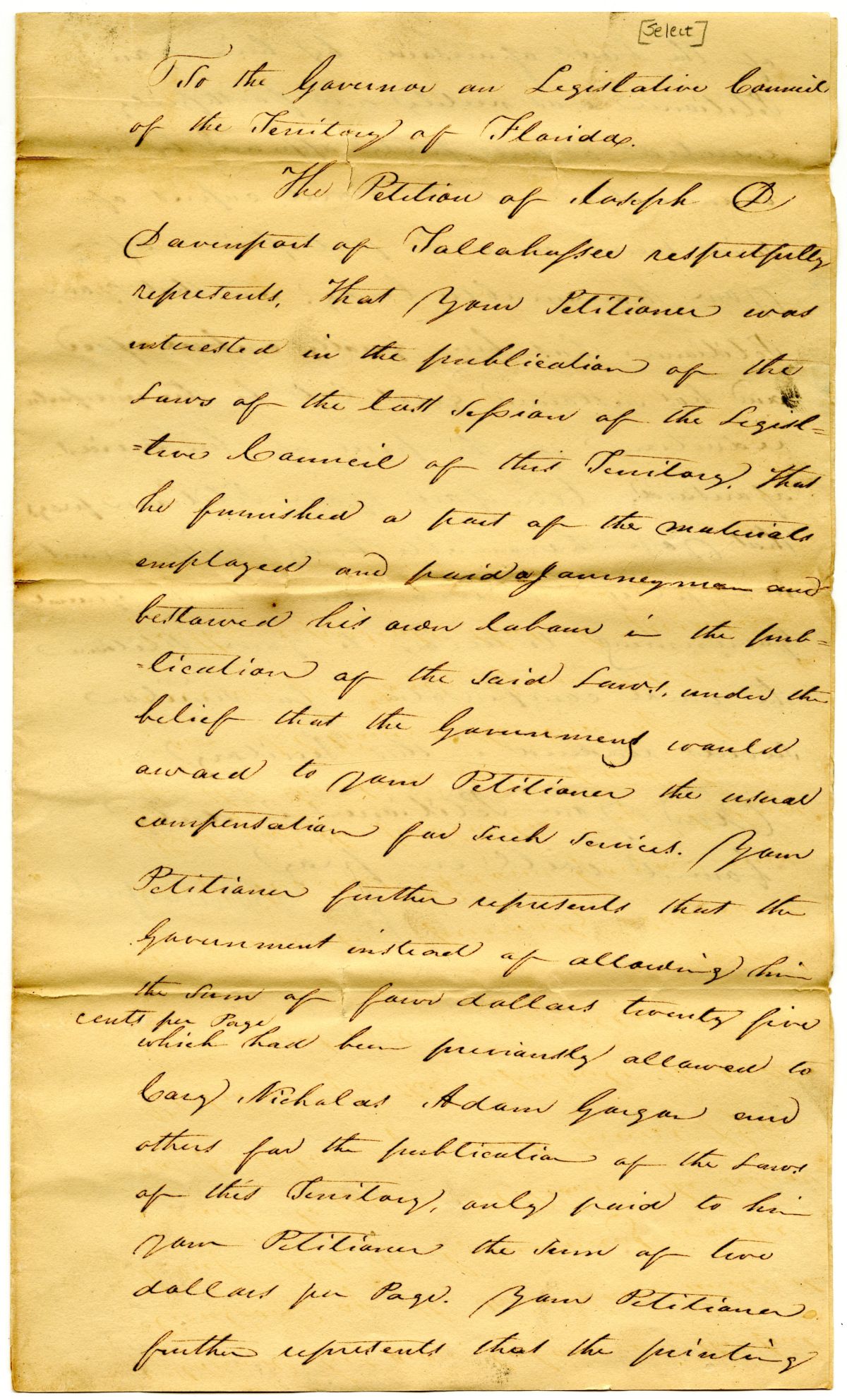 Petition of Joseph D. Davenport Requesting the Normal Rate of Compensation for Printing Work, 1827