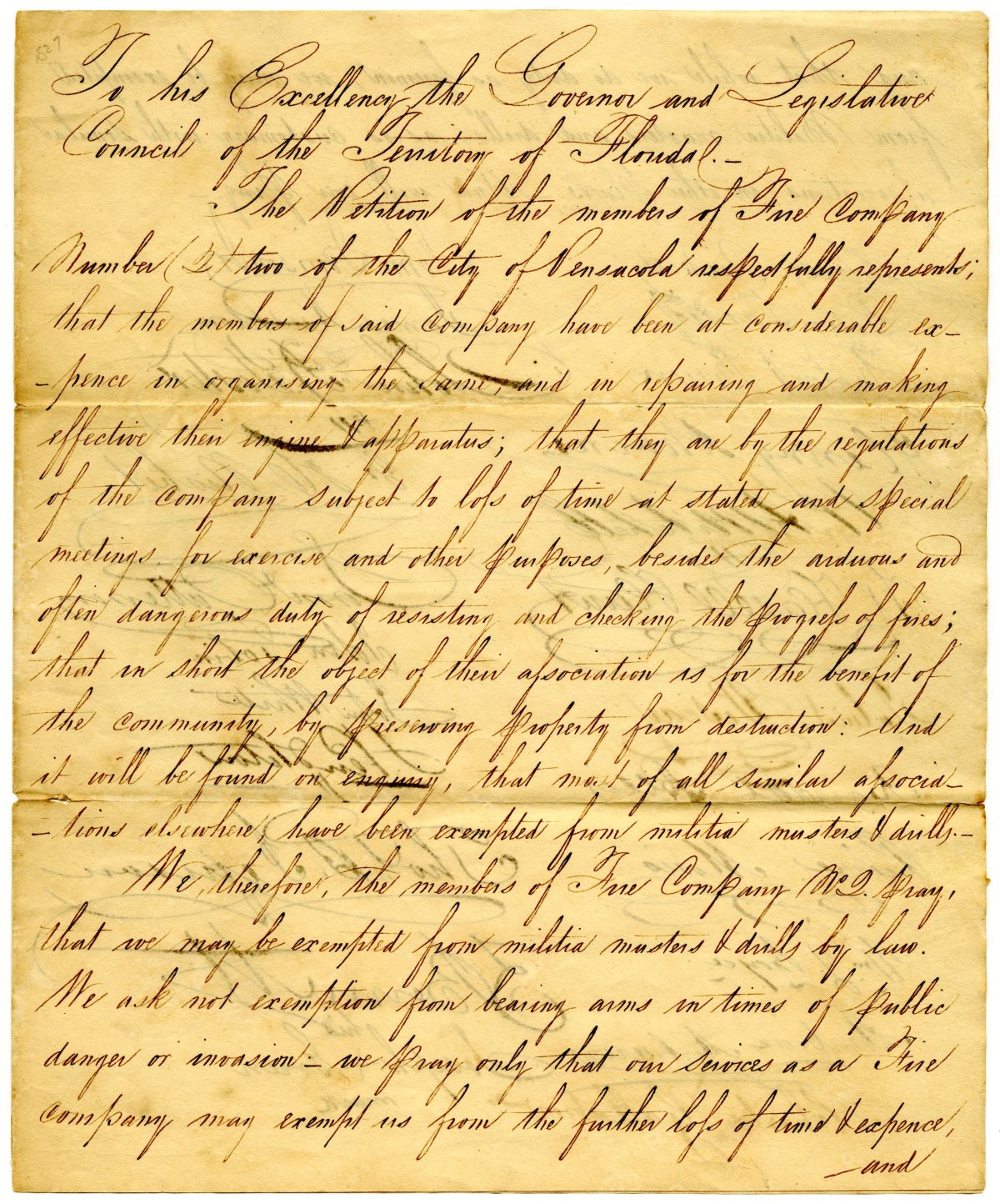 Petition of a Fire Company from Pensacola Requesting Exemption from Militia Duty, 1827