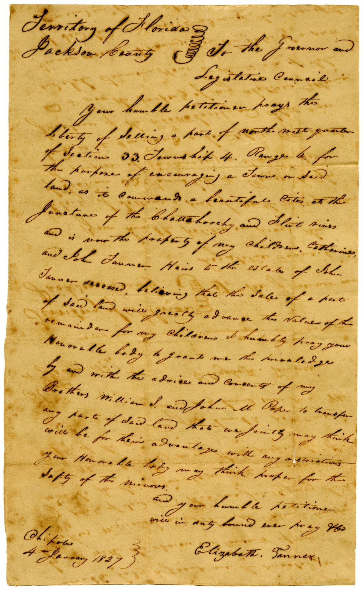 Petition of Elizabeth Tanner Requesting to Sell a Portion of Land to Encourage the Construction of a Town, 1827