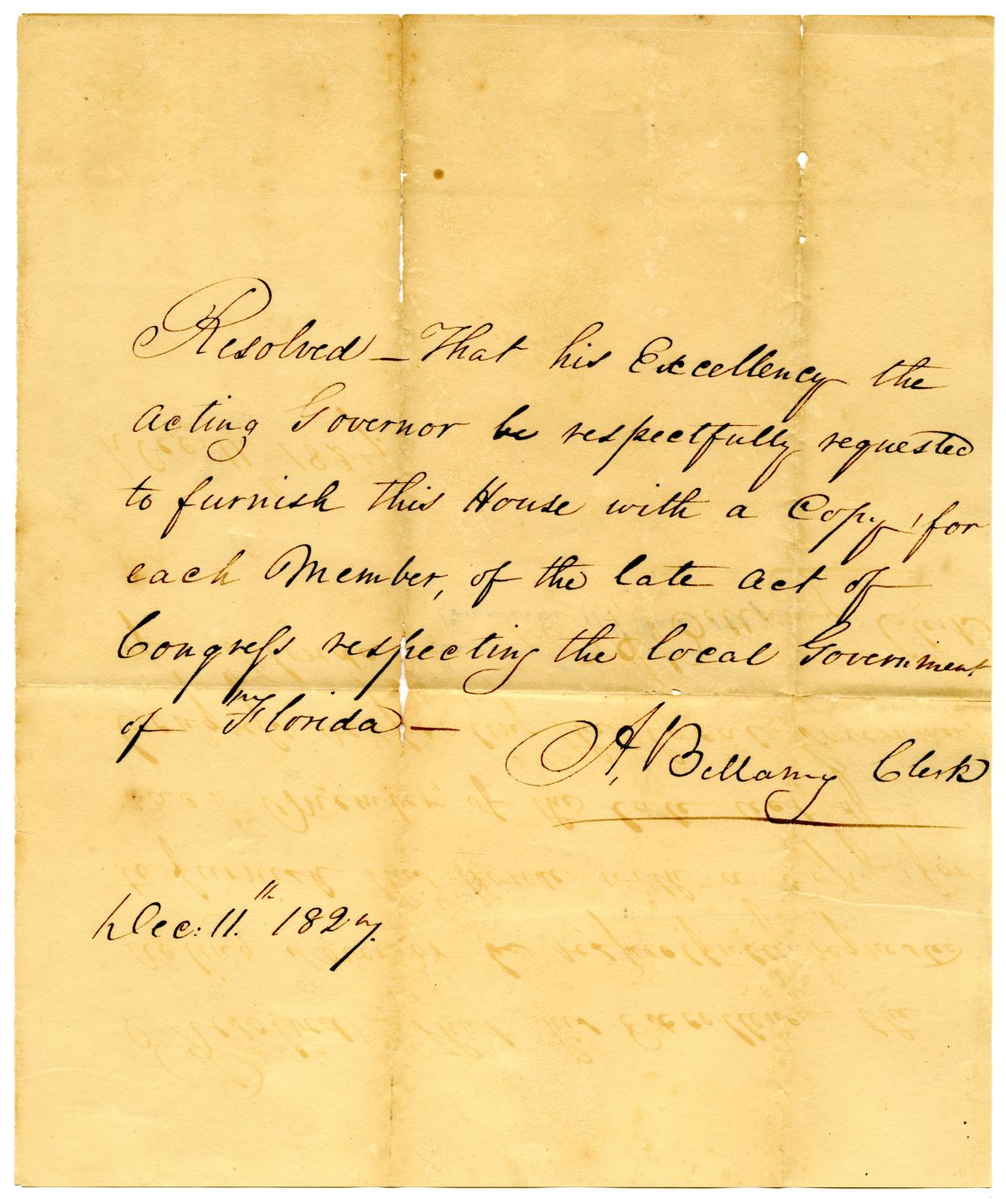 Resolution Calling for the Governor to Provide Copies of an Act of Congress Concerning the Local Government of Florida, 1827