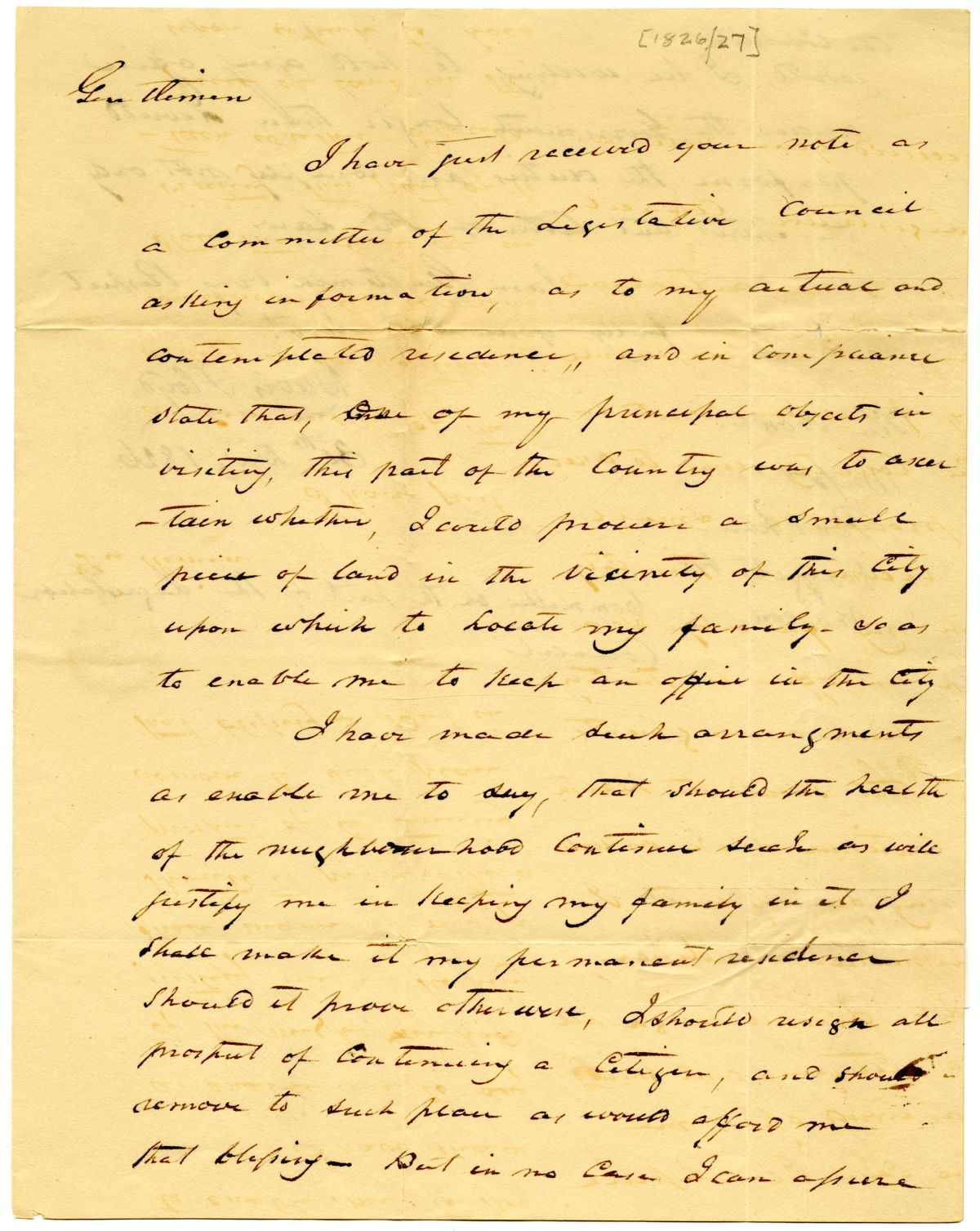 Letter from Davis Floyd to the Territorial Legislative Council Regarding His Residency, 1827