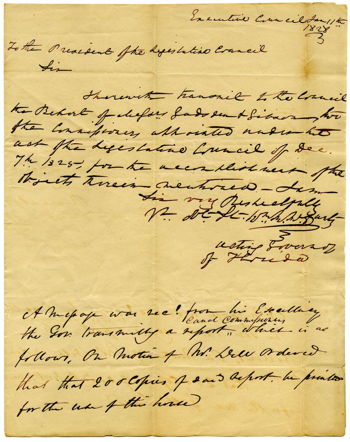 Letter from Acting Governor William McCarty to the President of the Territorial Legislative Council Transmitting a Report, 1828