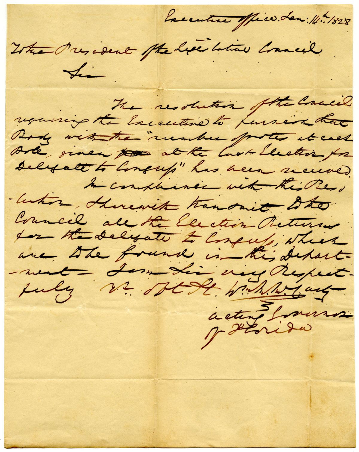 Letter from Acting Governor William McCarty to the President of the Territorial Legislative Council Transmitting Election Returns, 1828