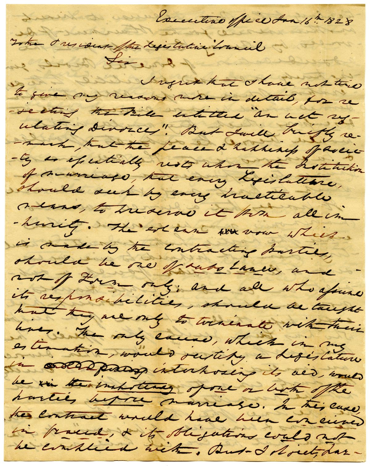 Letter from Acting Governor William McCarty to the President of the Territorial Legislative Council Rejecting a Bill on Divorces, 1828