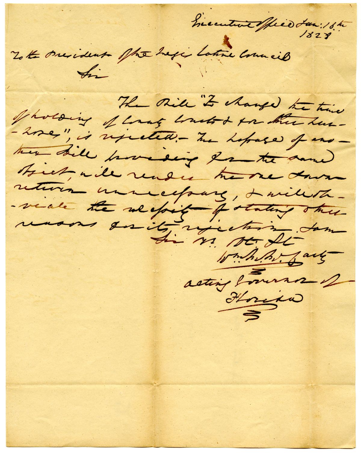 Letter from Acting Governor William McCarty to the President of the Territorial Legislative Council Rejecting a Bill on Courts, 1828