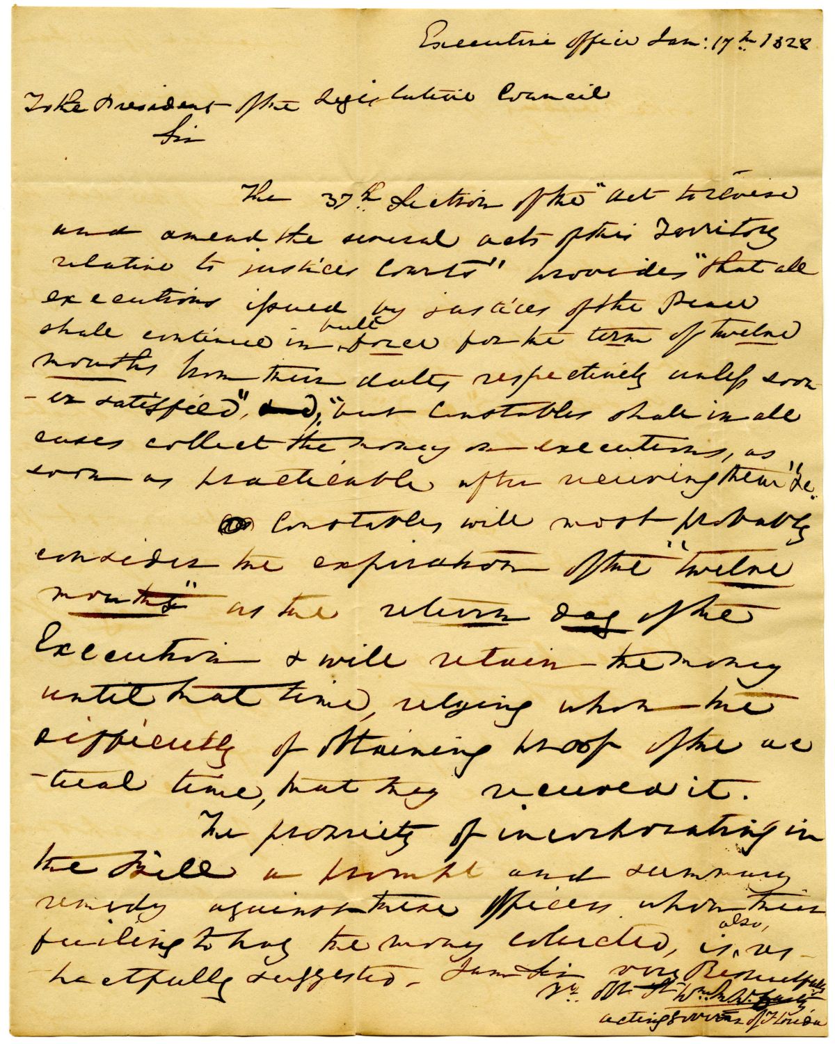 Letter from Acting Governor William McCarty to the President of the Territorial Legislative Council Commenting on a Bill Relating to Courts, 1828