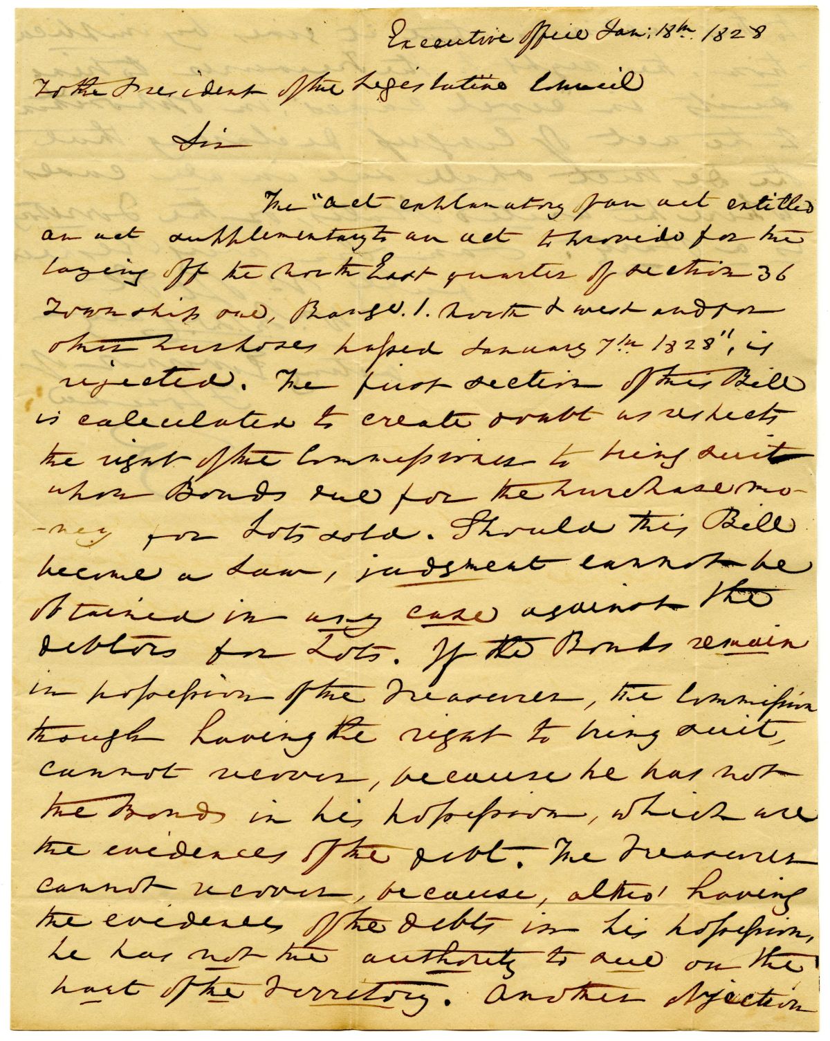 Letter from Acting Governor William McCarty to the President of the Territorial Legislative Council Rejecting a Bill on Land, 1828