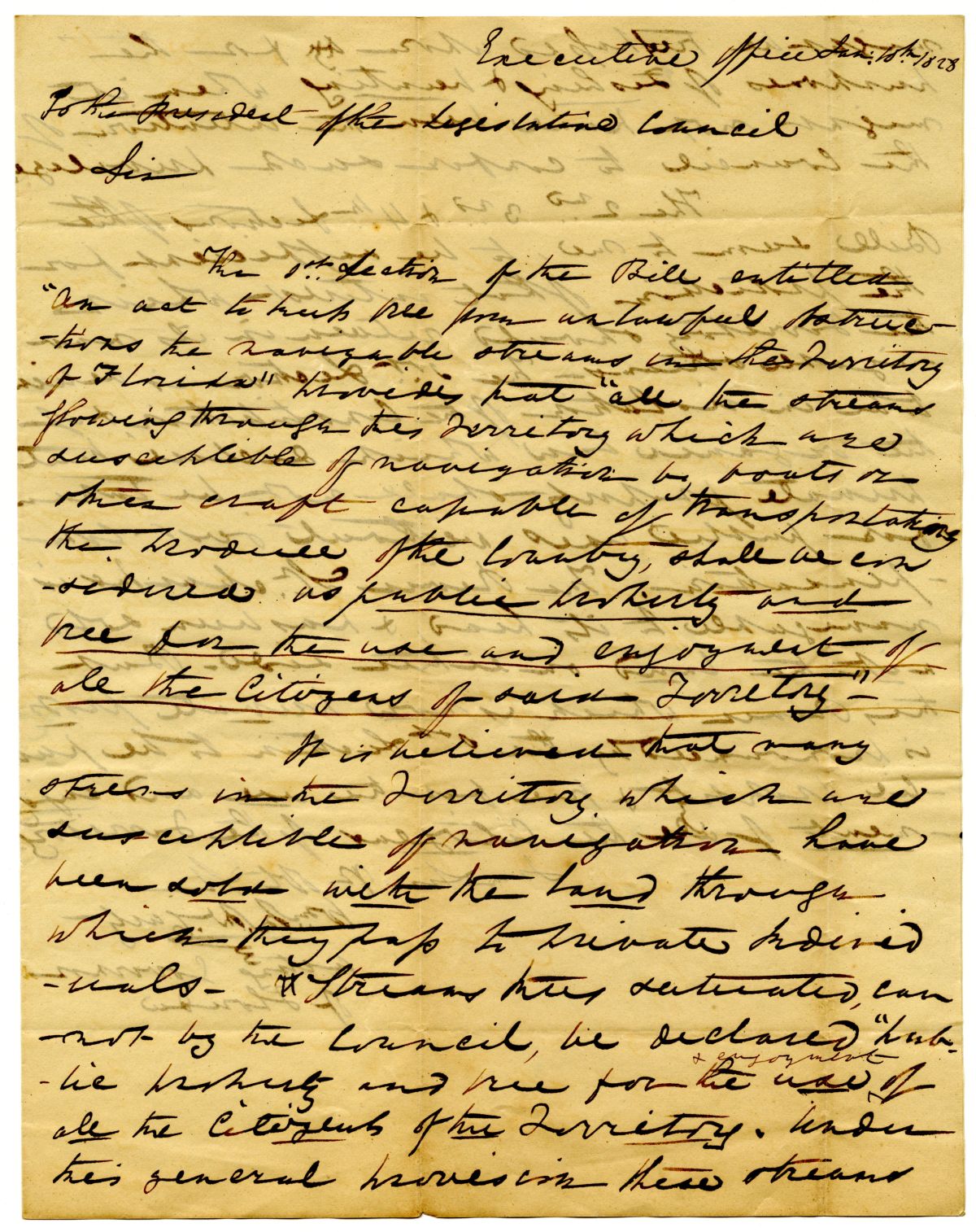 Letter from Acting Governor William McCarty to the President of the Territorial Legislative Council Commenting on an Act on Streams, 1828