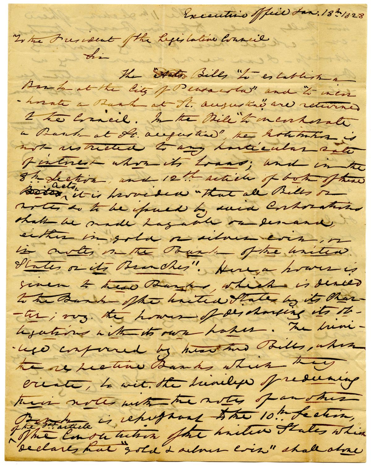 Letter from Acting Governor William McCarty to the President of the Territorial Legislative Council Returning Two Bank Bills, 1828