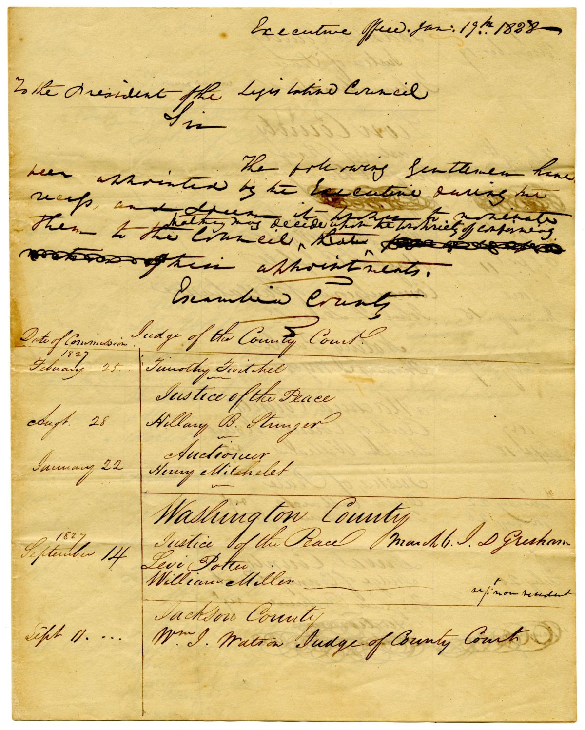 Letter from Acting Governor William McCarty to the President of the Territorial Legislative Council Making Appointments, 1828