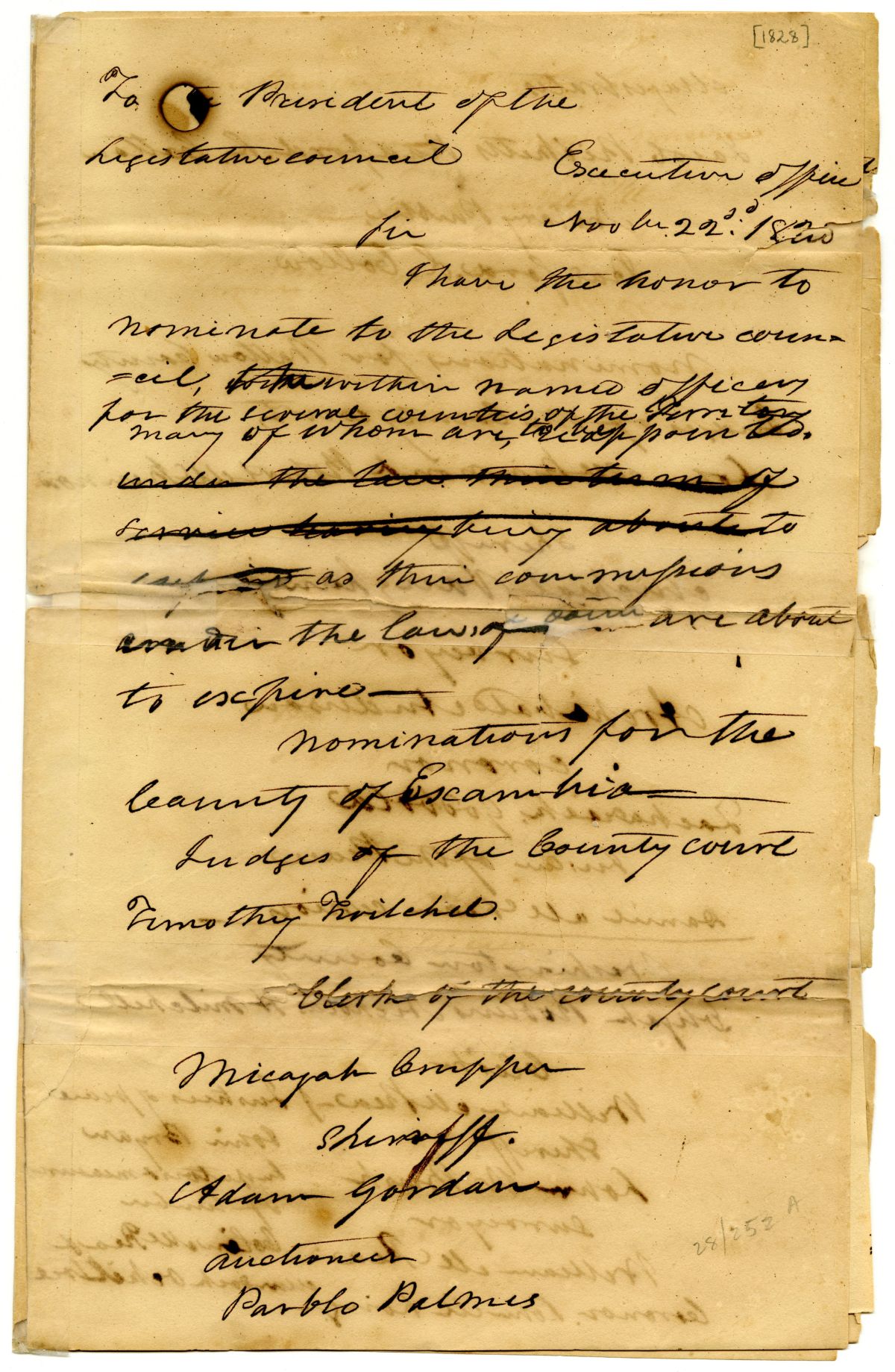 Letter from the Governor to the President of the Territorial Legislative Council Nominating County Officers, 1828