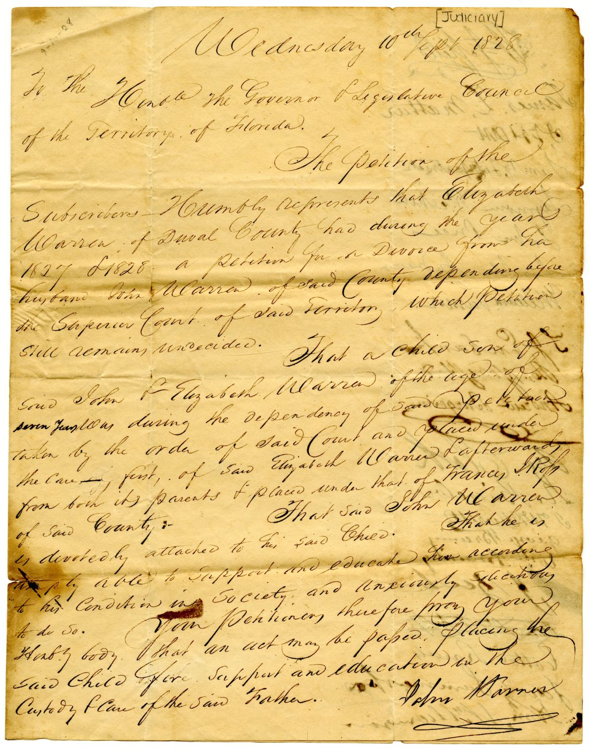 Petition of John Warren to the Territorial Legislative Council Requesting Custody of His Son, 1828