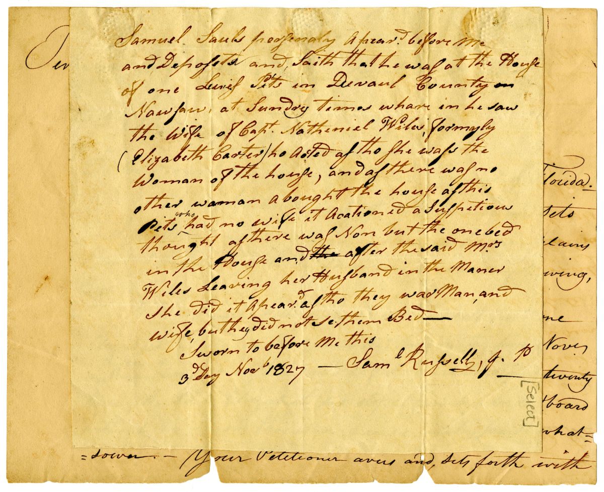 Divorce Petition of Nathaniel Wilds with Supporting Affidavit, 1827