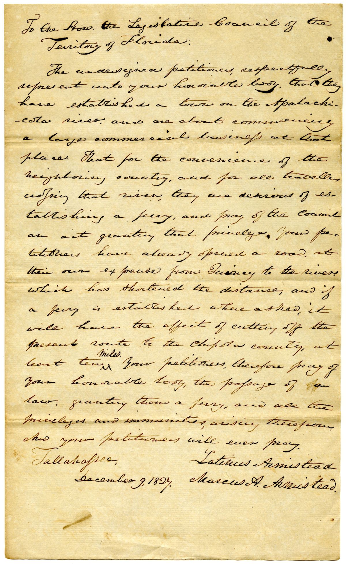 Petition of Latinus and Marcus Armistead Requesting to Build a Ferry on the Apalachicola River, 1827