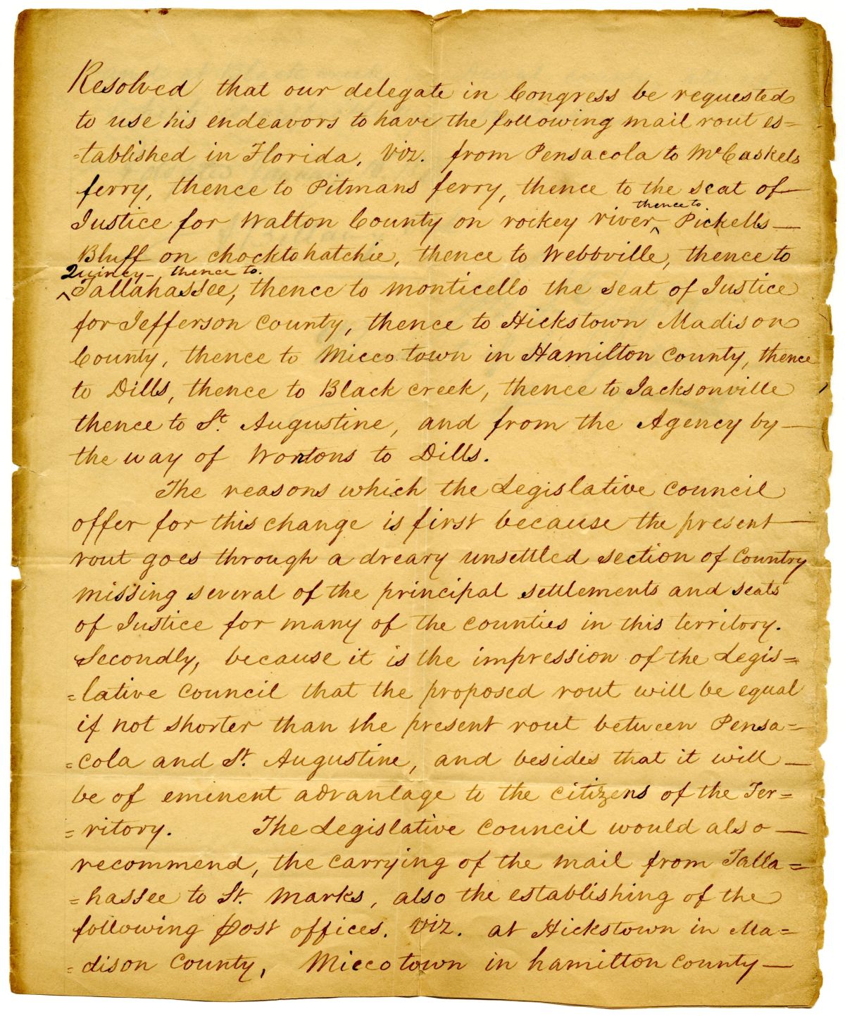 Resolution of the Territorial Legislative Council Instructing the Delegate in Congress to Propose a Mail Route, 1828