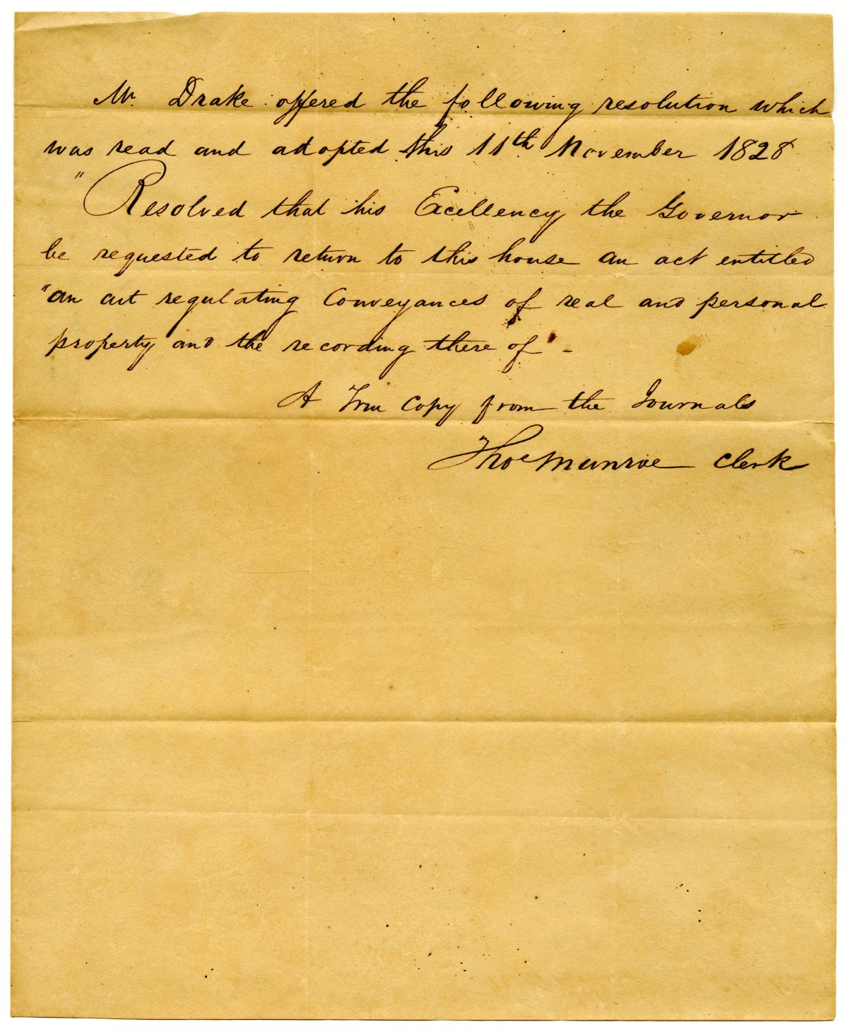 Resolution of the Territorial Legislative Council Requesting that the Governor Return an Act Regarding Conveyances, 1828