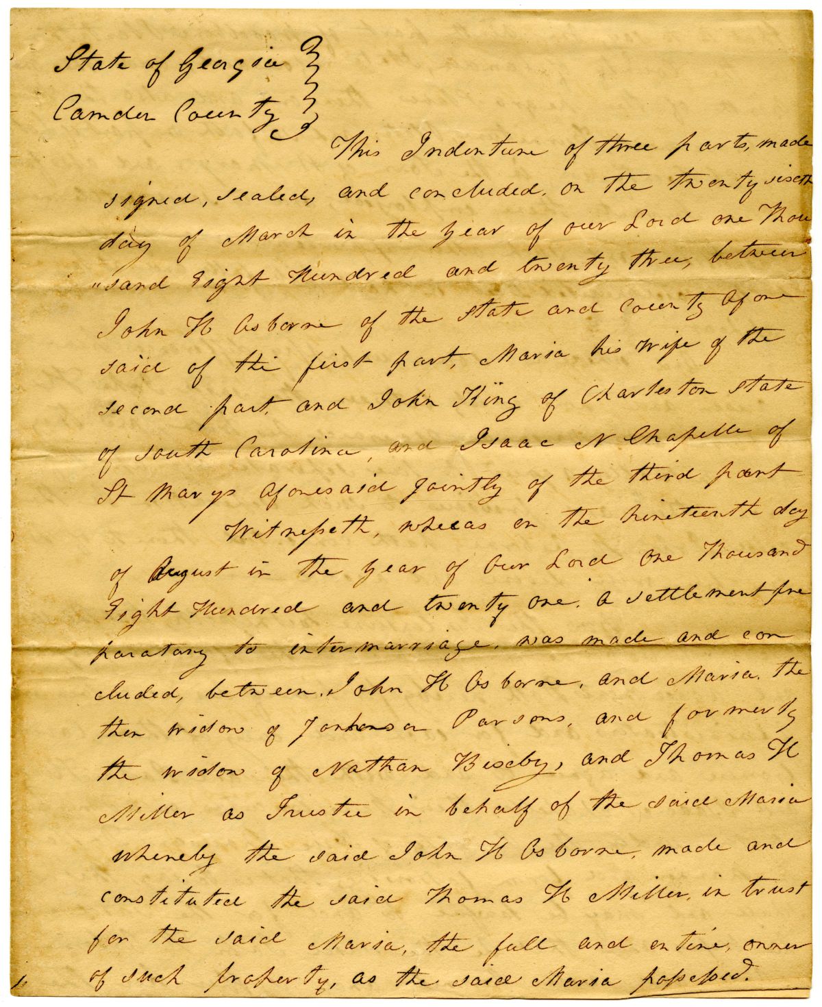 Certified Copy of an Indenture of Separation Between John and Maria Osborne, 1827