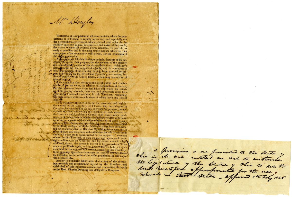 Resolution of the Territorial Legislative Council Directing the Florida Delegate in Congress to Lobby for a Law Providing for Schools, 1828