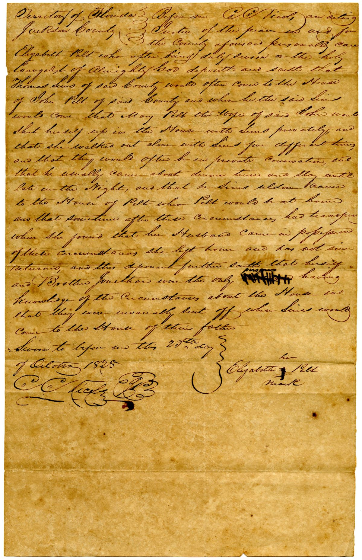 Three Affidavits Alleging an Extramarital Affair Between Mary Pelt and Thomas Sims, 1828