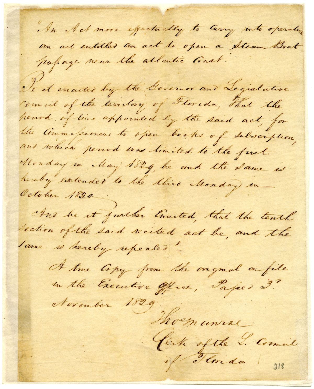 Draft of an Act to More Effectively Carry Out an Act Concerning a Steam Boat Passage, 1829