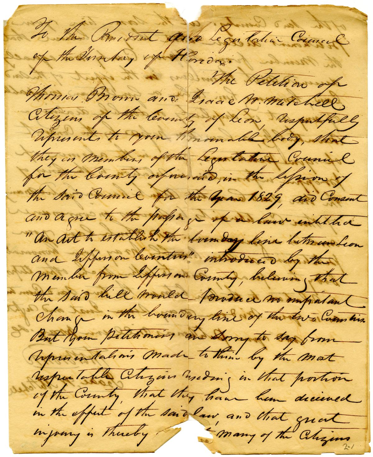 Petition of Thomas Brown and Isaac W. Mitchell Requesting the Repeal of an Act Establishing the Boundary Between Leon and Jefferson Counties, circa 1829