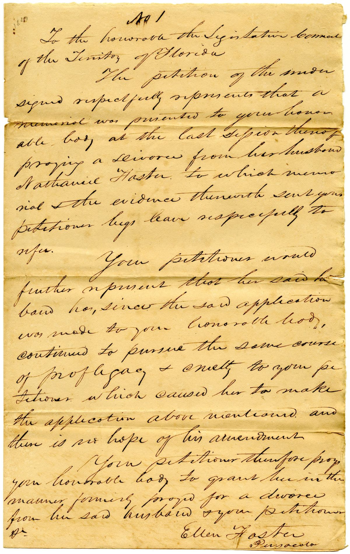 Petition of Ellen Foster Reiterating Her Previous Request for a Divorce, 1829