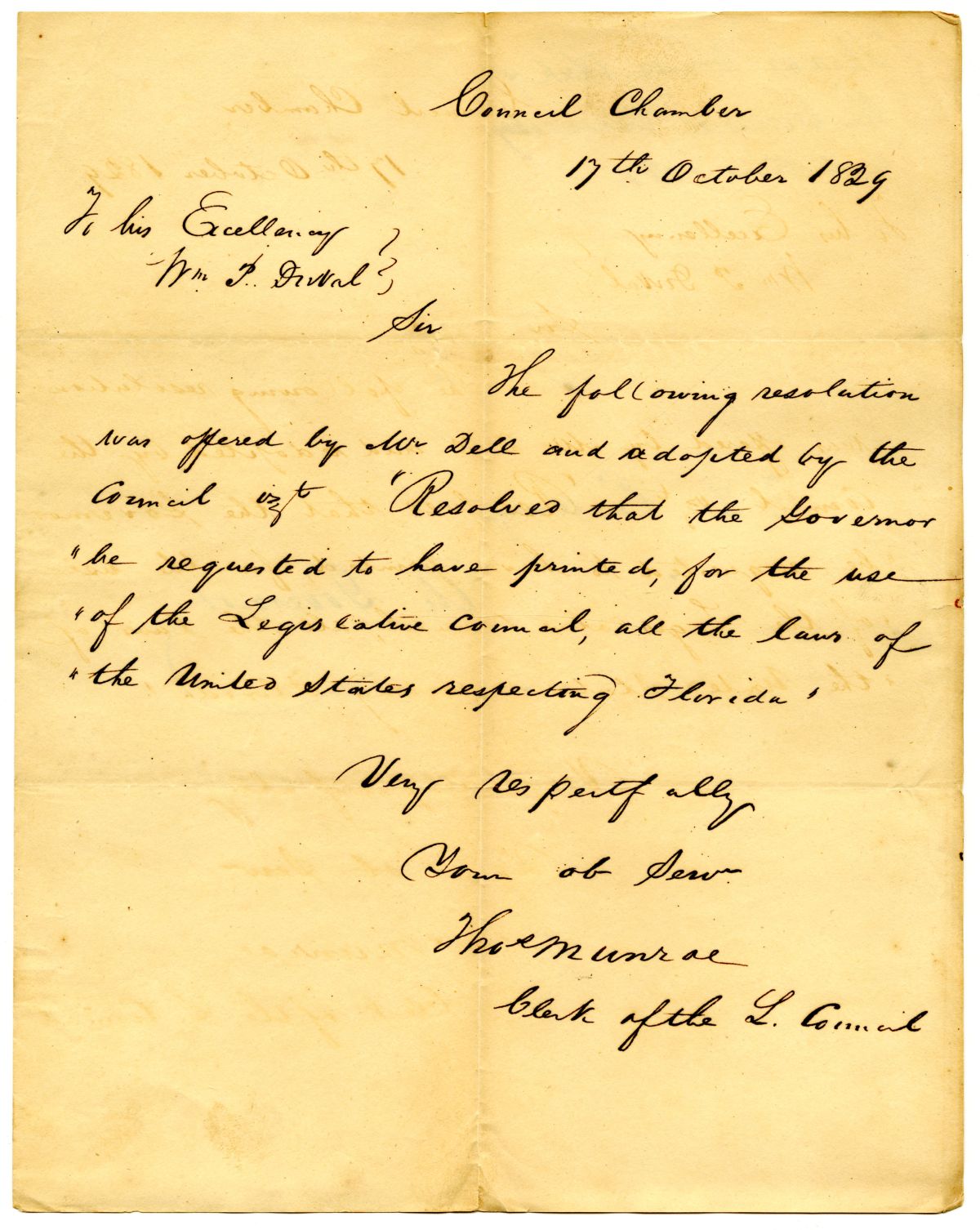 Letter from Thomas Munroe to Governor William Pope Duval Requesting that He Provide the Council with the Laws of Congress Respecting Florida, 1829