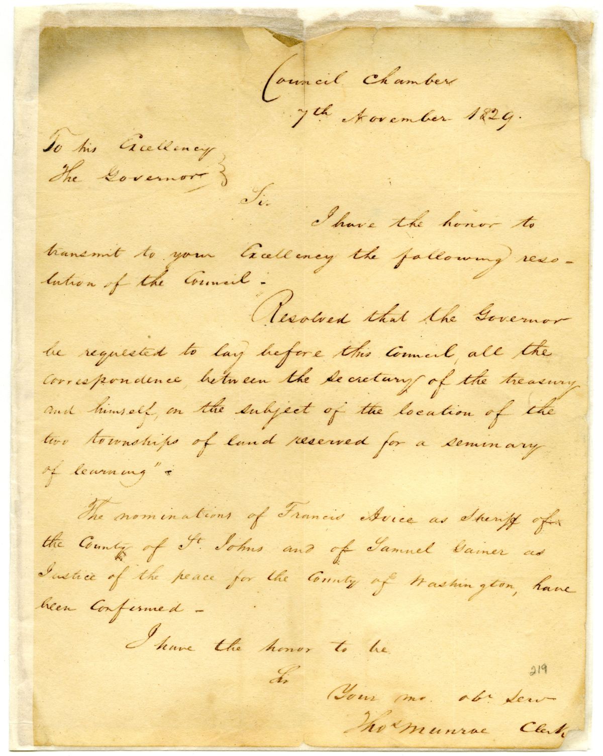 Letter from Thomas Munroe to Governor William Pope Duval Transferring a Resolution Concerning a Seminary, 1829