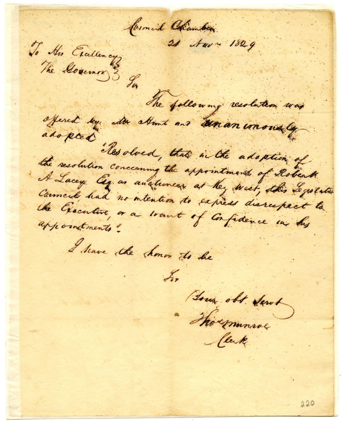 Letter from Thomas Munroe to Governor William Pope Duval Transferring a Resolution Clarifying that an Appointment Intended No Disrespect to the Governor, 1829