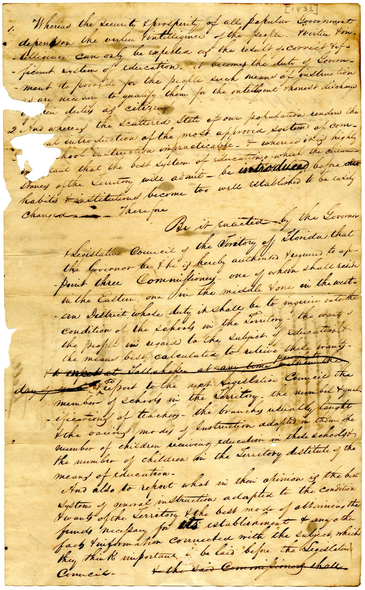 Draft of an Act Appointing Commissioners to Inquire into the Status of Schools in the Florida Territory, 1831