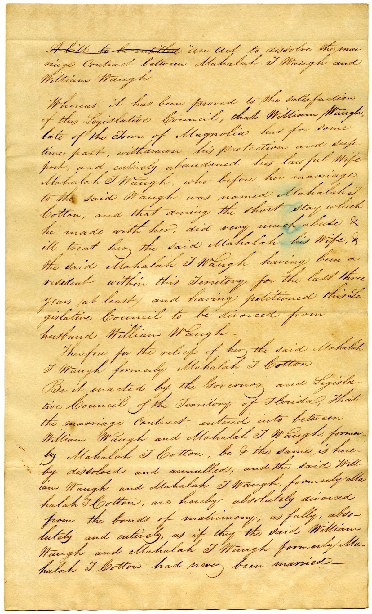 Draft of an Act to Dissolve the Marriage Between Mahalah T. Waugh and William Waugh, 1831