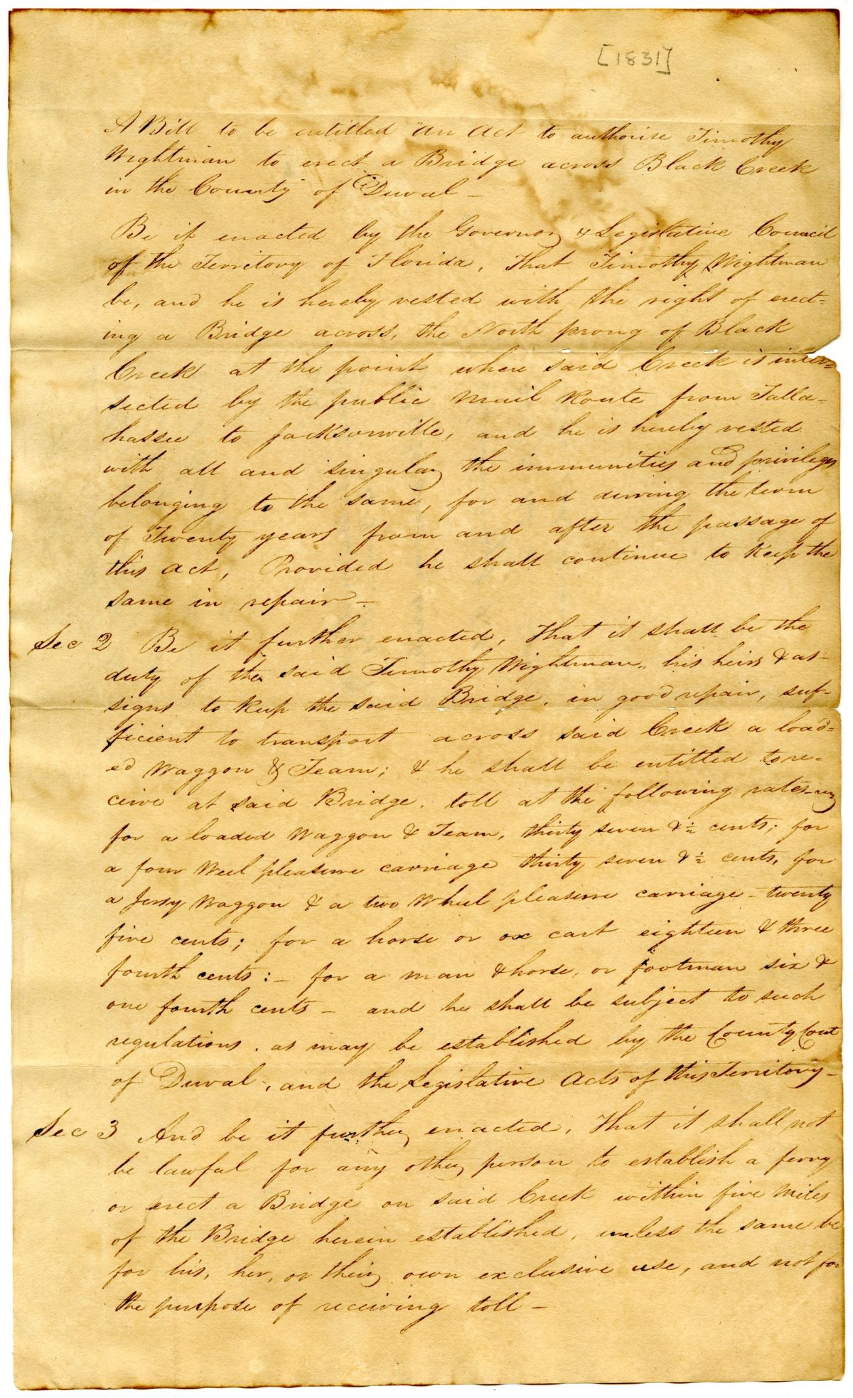 Draft of an Act to Allow Timothy Wightman to Build a Bridge on Black Creek, 1831