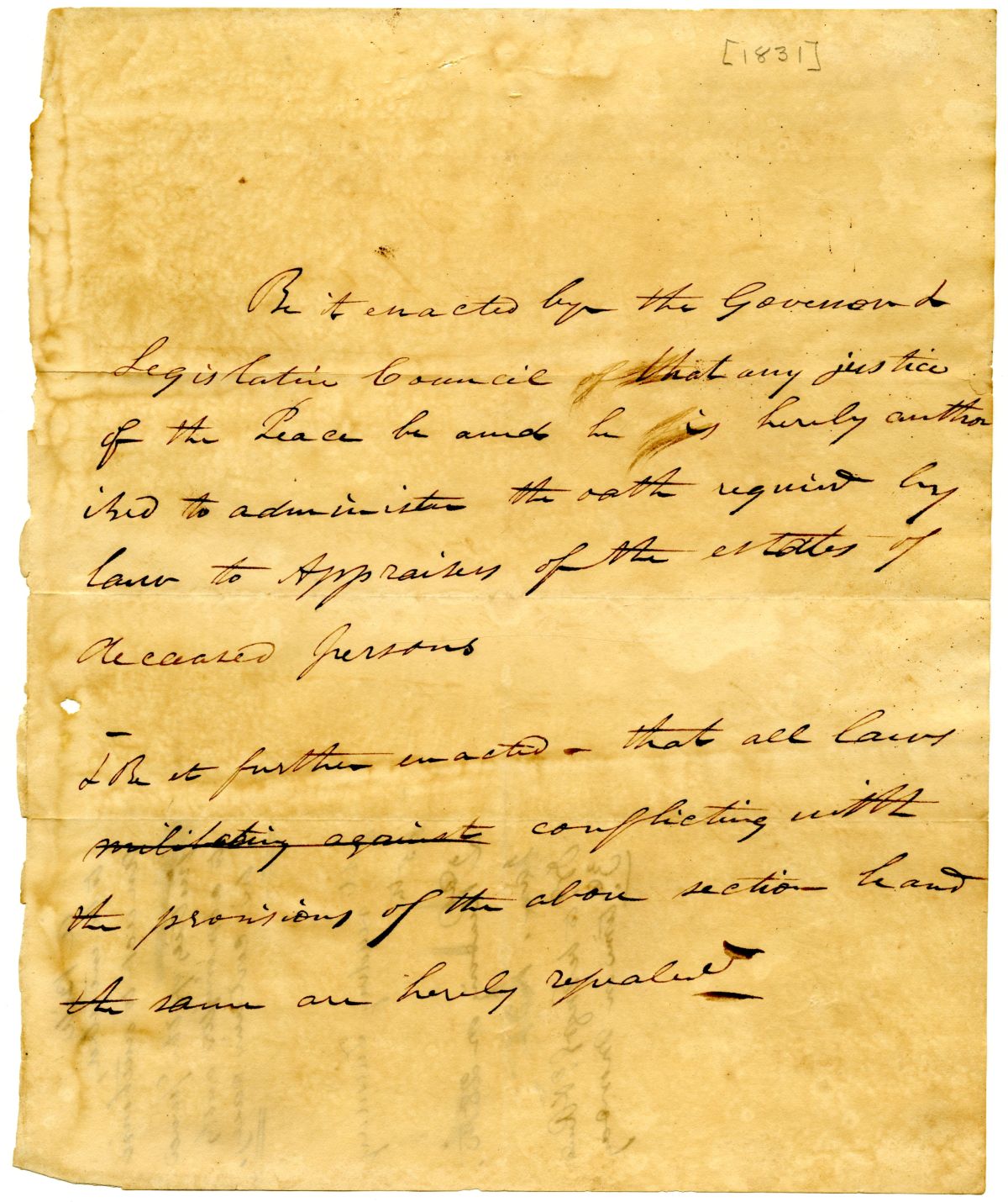 Draft of an Act to Allow Justices of the Peace to Administer Oaths to Appraisers of Estates, 1831