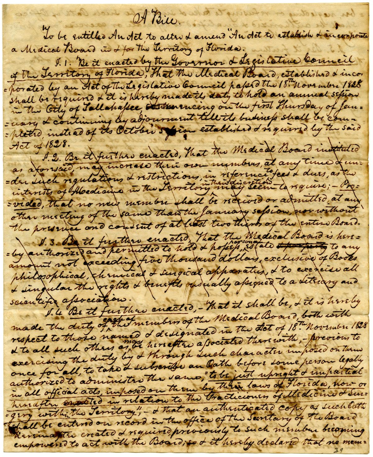 Draft of an Act to Amend an Act to Establish a Medical Board in the Florida Territory, 1831