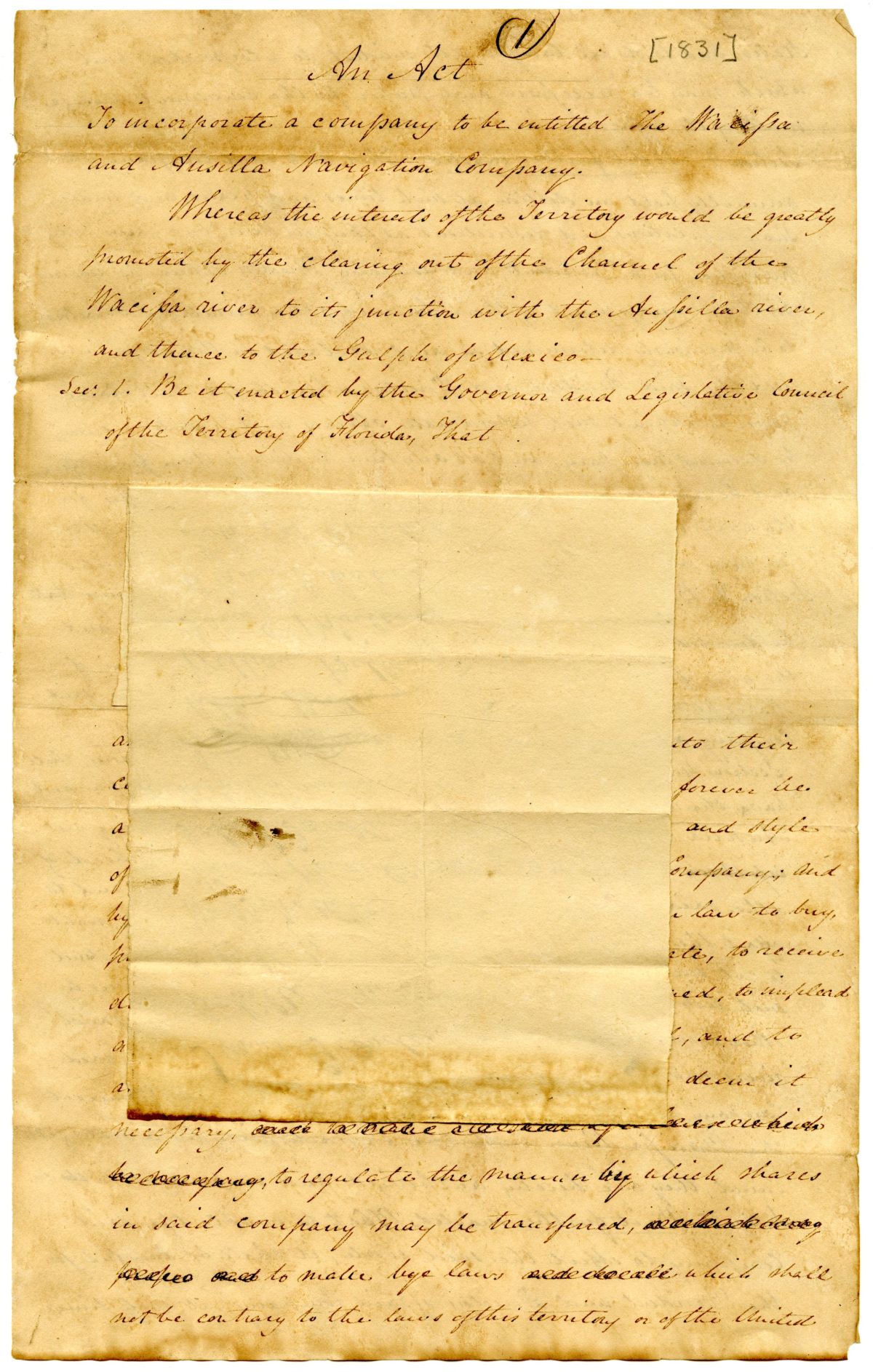 Draft of an Act to Incorporate the Wacissa and Aucilla Navigation Company, 1831