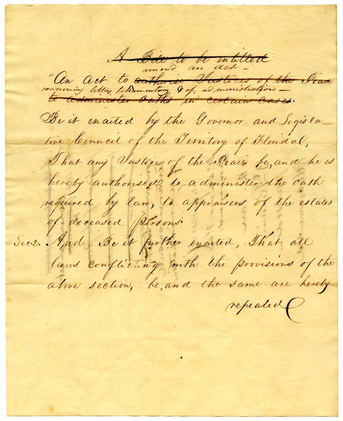 Draft of an Act to Allow Justices of the Peace to Administer Oaths to Appraisers of Estates, 1831