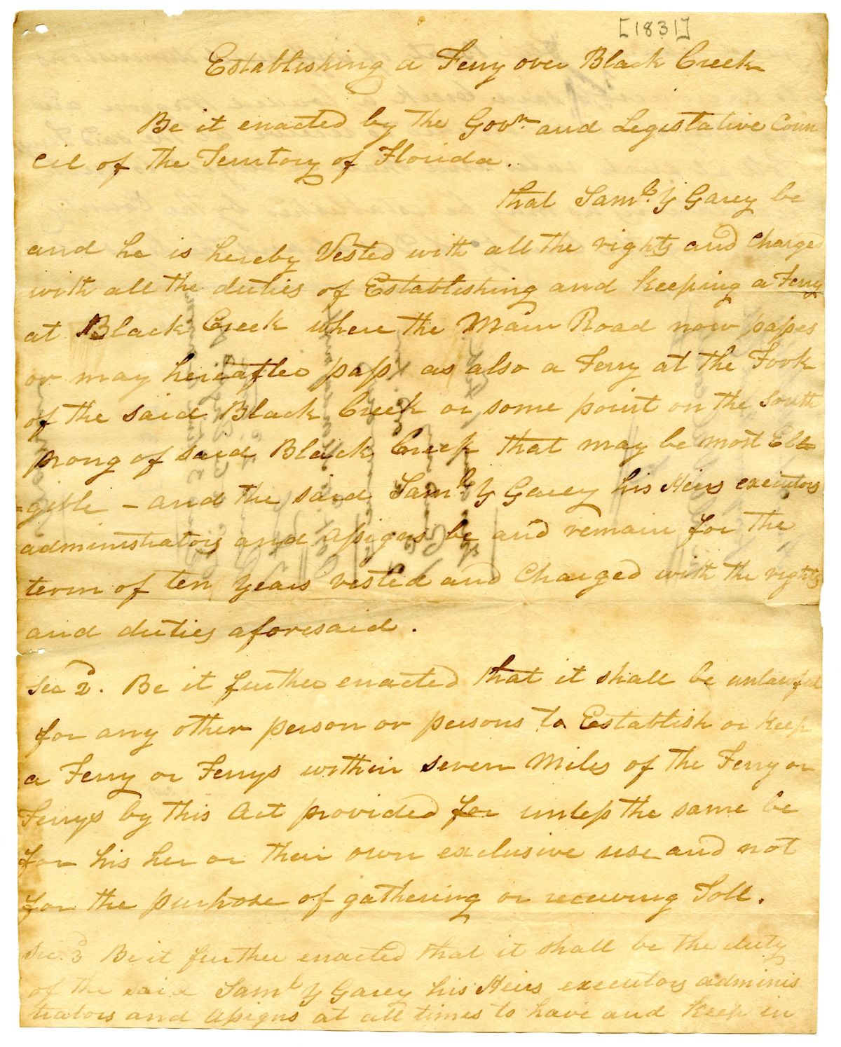 Draft of an Act to Allow Samuel Y. Garey to Build a Ferry at Black Creek, 1831