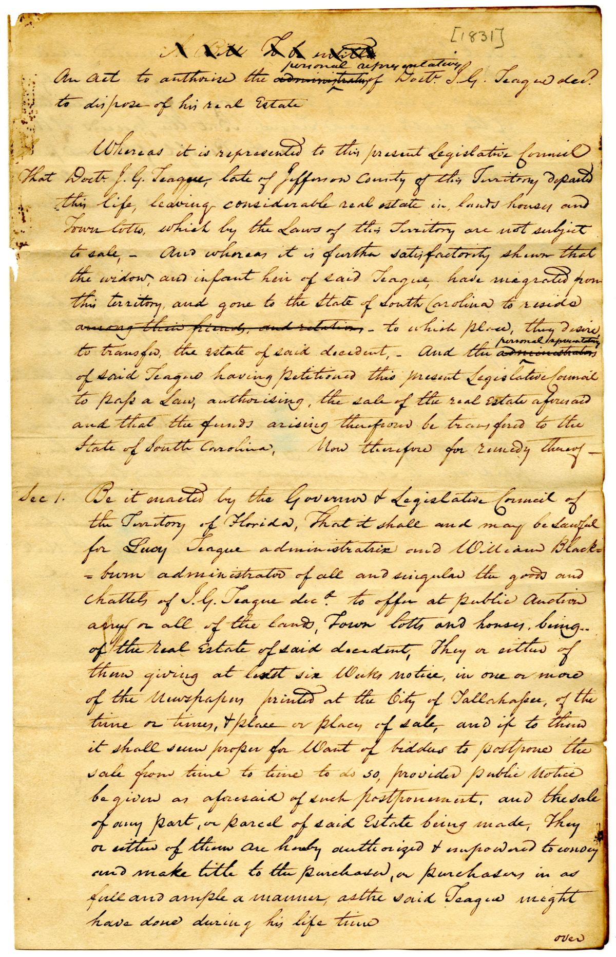 Draft of an Act to Authorize the Administrators of Isaac G. Teague to Dispose of His Real Estate, 1832