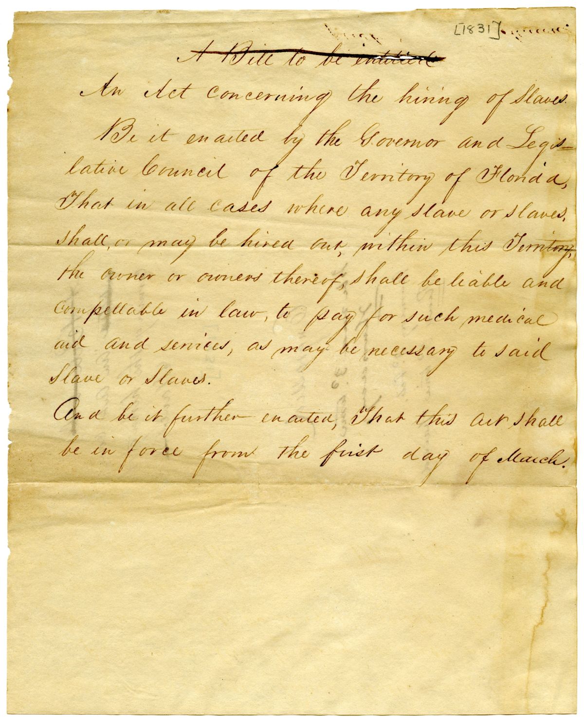 Draft of an Act Requiring Enslavers to Pay the Medical Expenses of the Enslaved Persons They Hired Out, 1831