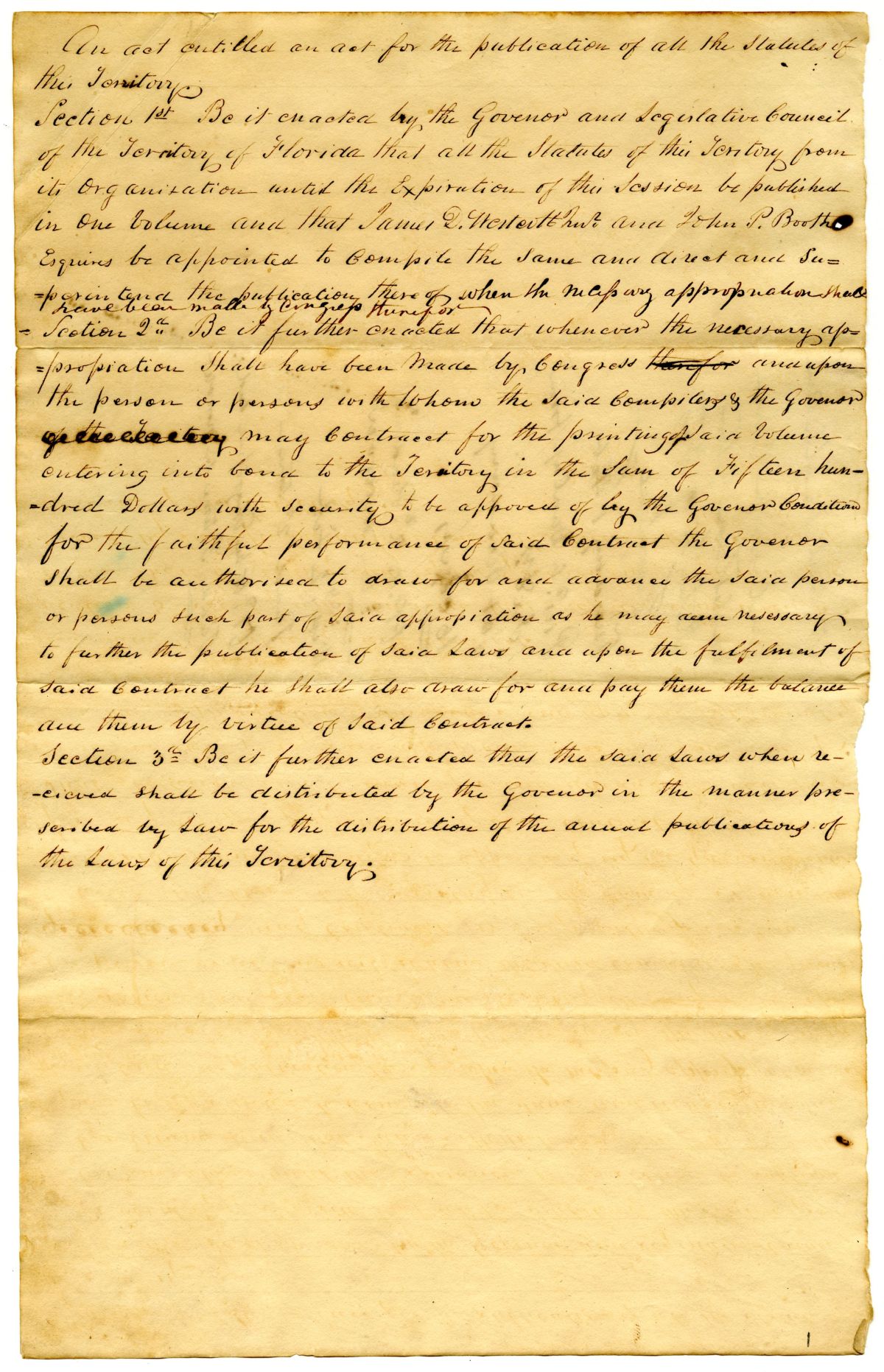 Draft of an Act to Provide for the Publication of the Statutes of the Territory of Florida, 1831