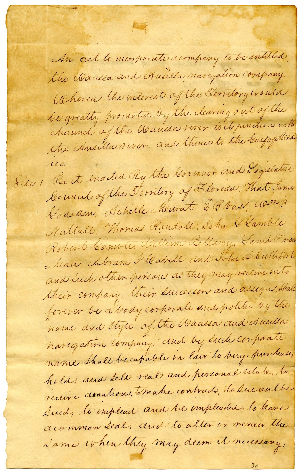 Draft of an Act to Incorporate the Wacissa and Aucilla Navigation Company, 1831